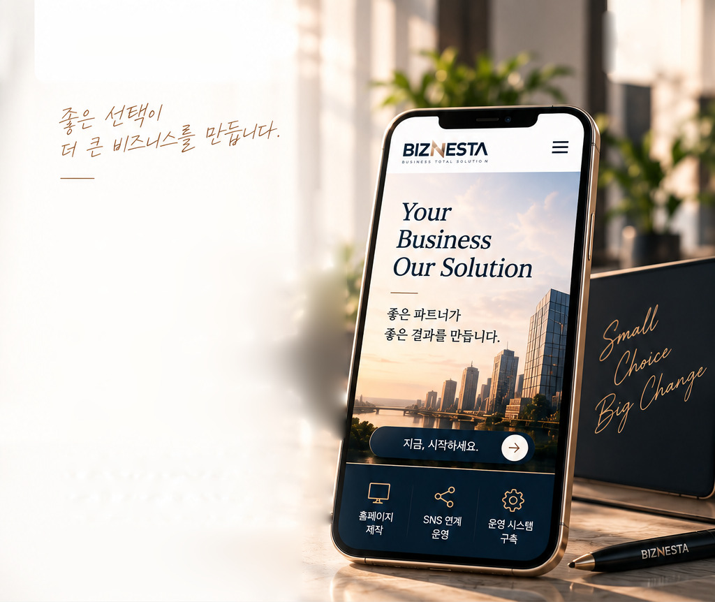 BIZNESTA 홈페이지가 열린 스마트폰이 놓인 밝은 작업 공간
