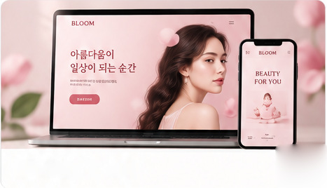 노트북과 스마트폰에 표시된 뷰티 쇼핑몰 디자인 샘플