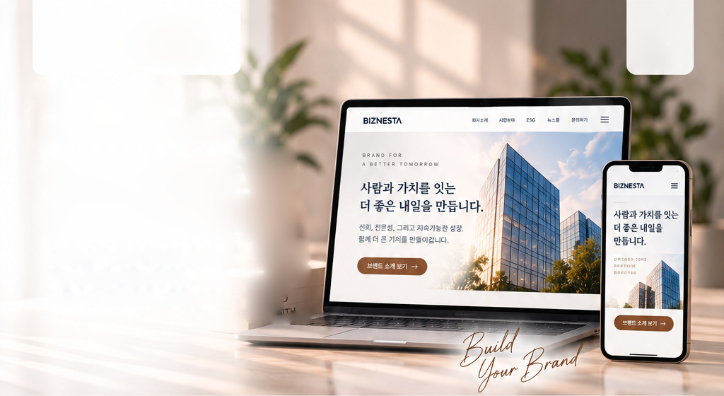 노트북과 스마트폰에 표시된 기업 · 브랜드 홈페이지 디자인 샘플