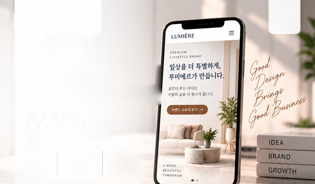 LUMIÈRE 브랜드 홈페이지 디자인 샘플이 표시된 스마트폰
