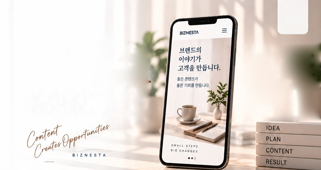 콘텐츠가 실린 홈페이지가 표시된 스마트폰과 IDEA · PLAN · CONTENT · RESULT 서적