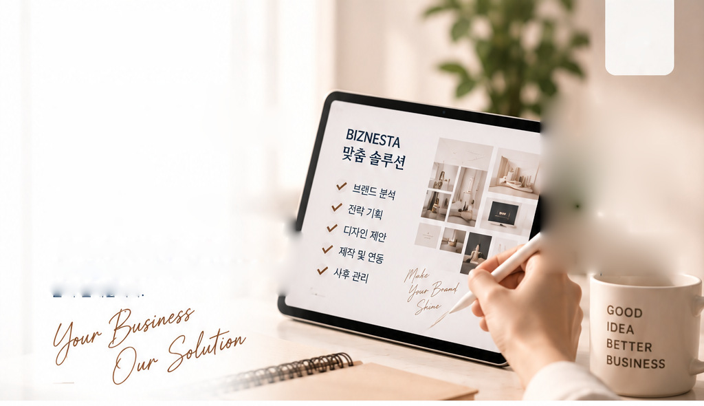 BIZNESTA 맞춤 솔루션 체크리스트가 열린 태블릿과 스타일러스