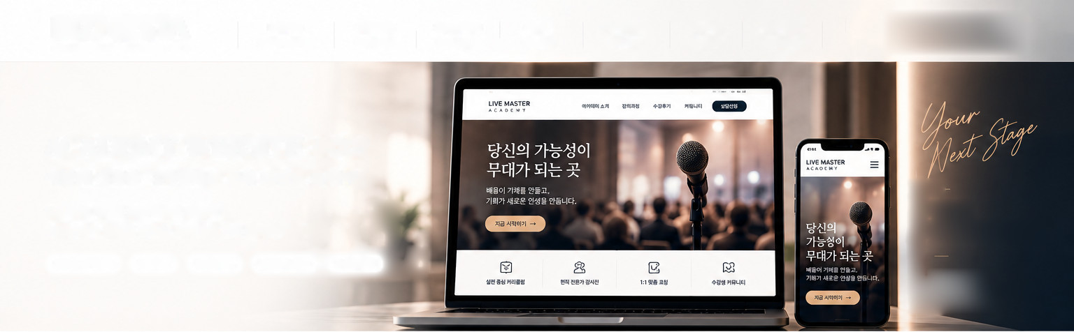 BIZNESTA 교육 브랜드 홈페이지 디자인 샘플이 노트북과 모바일에 표시된 밝은 작업 공간. 오른쪽에 Your Next Stage 라는 손글씨가 놓여 있다.