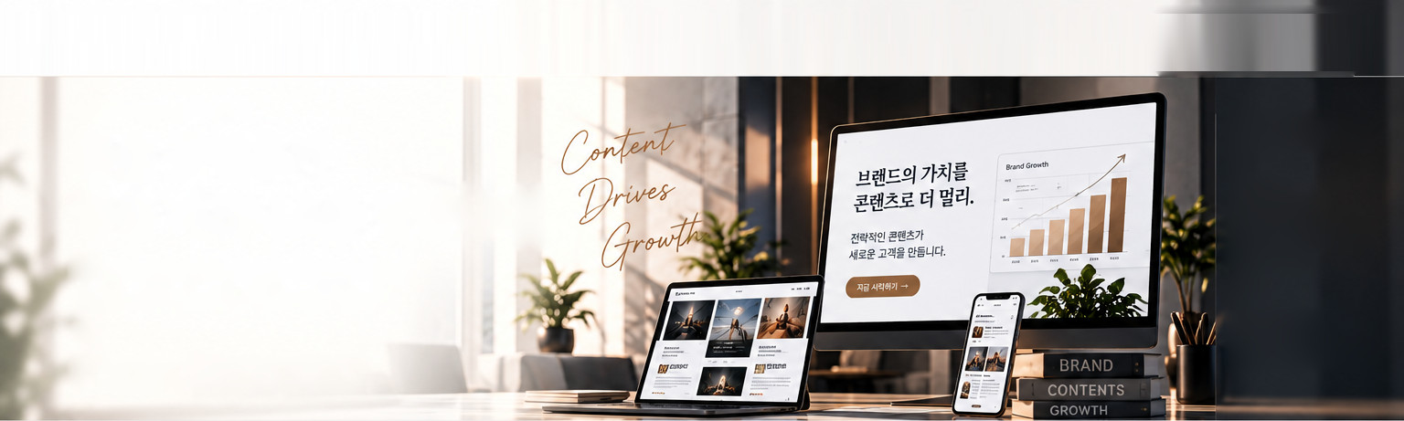 밝은 사무 공간의 데스크톱·태블릿·모바일에 콘텐츠 화면이 띄워진 모습