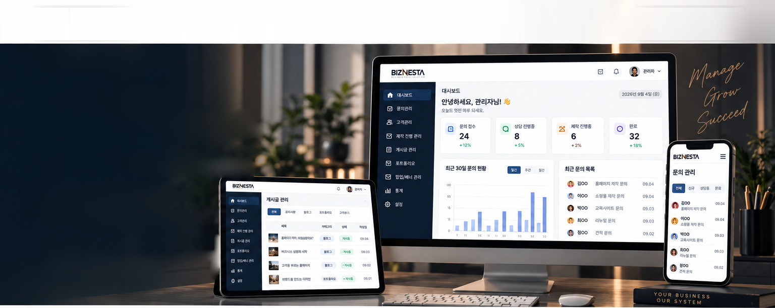 BIZNESTA 관리자 화면이 띄워진 모니터·태블릿·모바일 목업