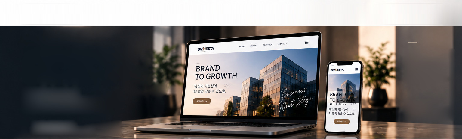 어두운 사무 공간의 노트북·모바일에 BRAND TO GROWTH 홈페이지가 띄워진 모습