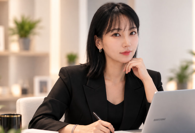 BIZNESTA 대표 원미희 — 책상에서 노트북과 함께 있는 인물 사진