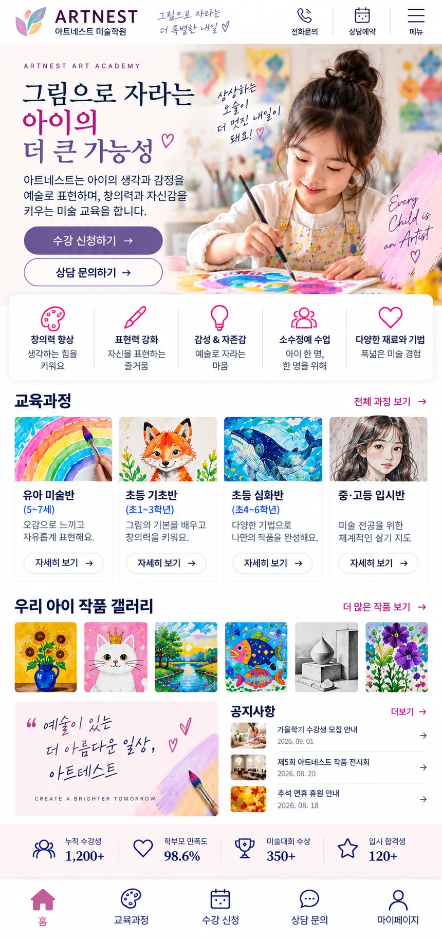미술학원 홈페이지 모바일 화면